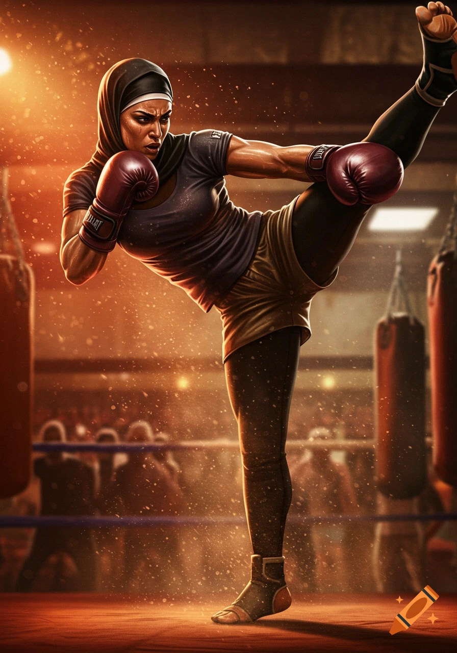 A powerful woman in a hijab and boxing gloves throws a high kick in a boxing gym, illuminated by dramatic light.