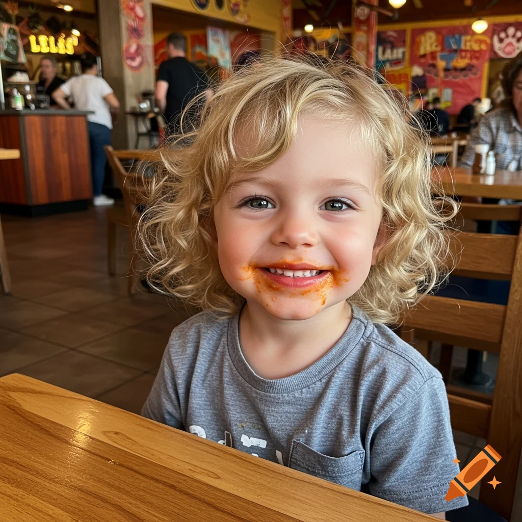 A smiling young boy with curly blonde hair and food sauce around his mouth sits at a wooden table in a restaurant.