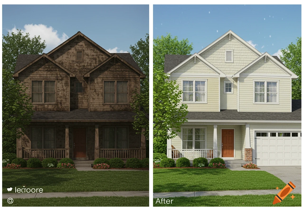 Photorealistic comparison of a dark, dirty house before soft washing and a clean, light-colored house after.