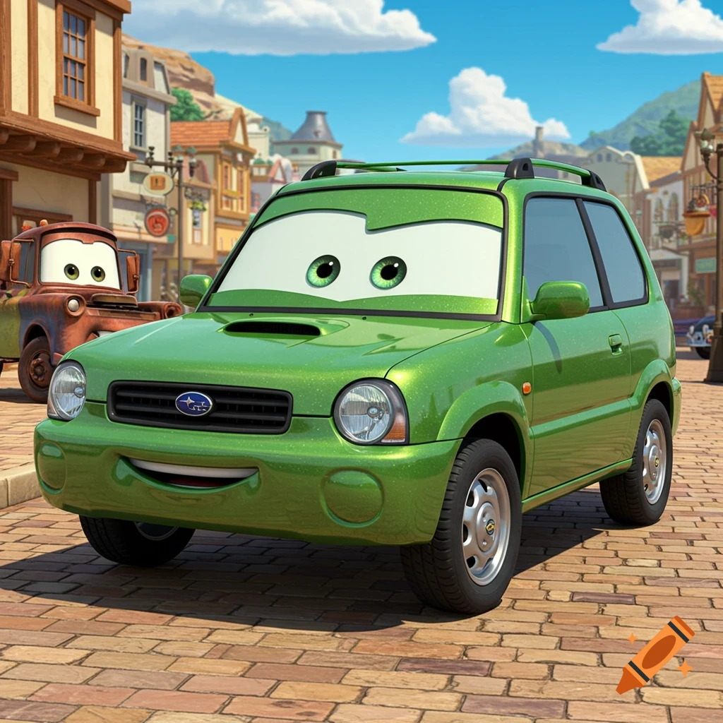A green animated Subaru Brumby car with eyes and a smiling mouth, parked on a brick street with Mater in the background.