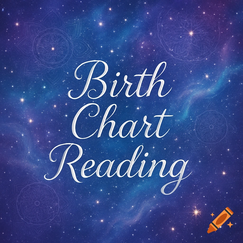 White cursive text 'Birth Chart Reading' on a cosmic background with stars, nebulae, and subtle sacred geometry patterns.