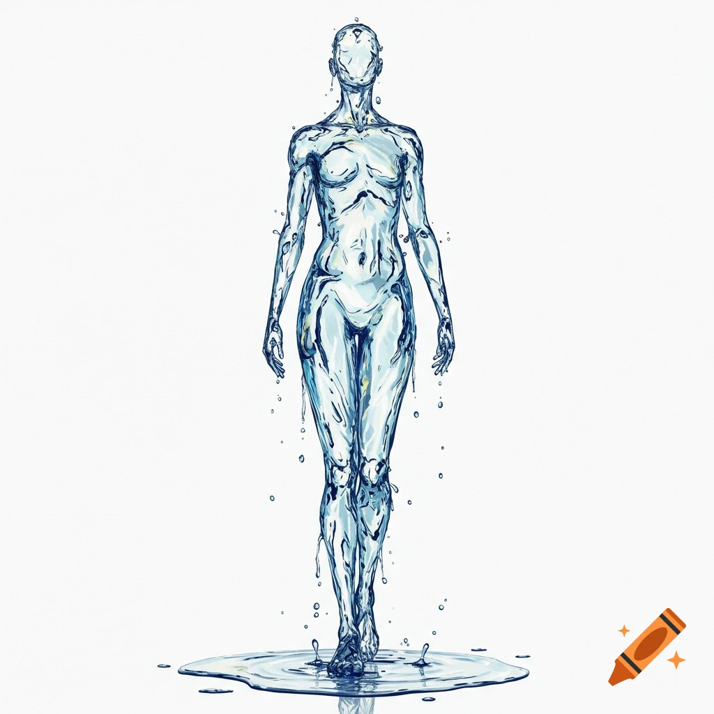 A slim, androgynous human figure made of clear water stands on a white background.
