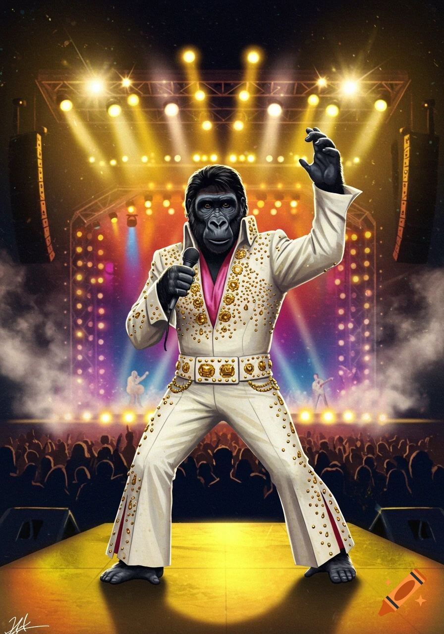 A gorilla in a white Elvis costume sings on a brightly lit stage in front of an audience, in a detailed illustration.