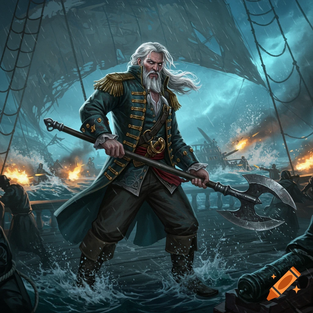 A white-haired pirate captain stands on a stormy ship deck, holding a glaive, during a sea battle. Fantasy illustration.