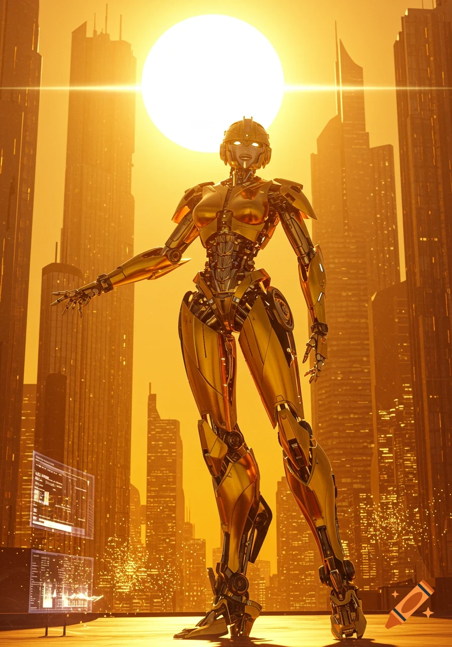 A golden female robot stands tall in a futuristic city under a bright, setting sun, with data screens floating nearby.