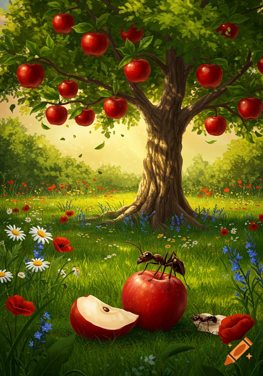 Vibrant illustration of a sunlit garden with a large apple tree, colorful flowers, and ants near a fallen apple.