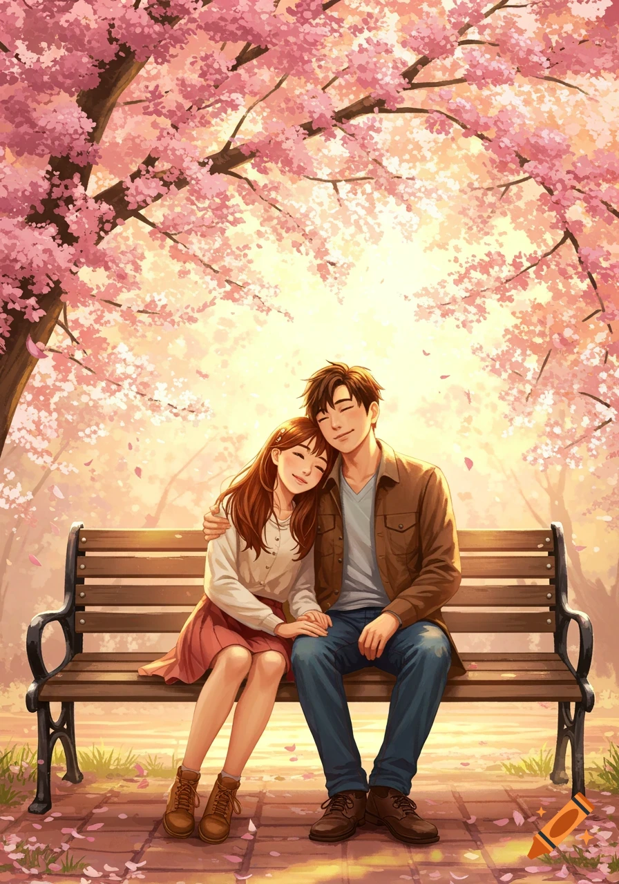 An illustration of a happy couple embracing on a park bench under a blooming cherry blossom tree.