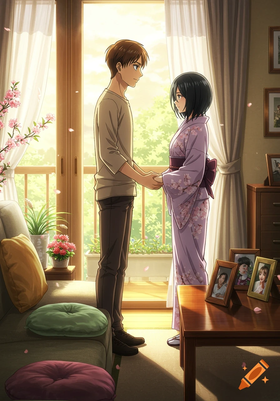 Anime illustration of Eren and Mikasa holding hands in a sunlit room with cherry blossoms.