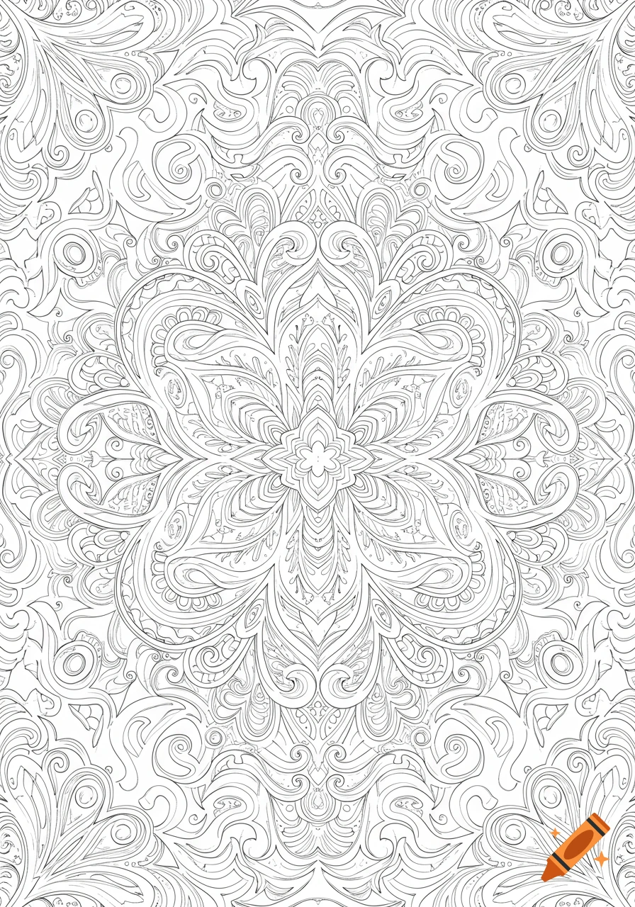 Intricate black and white line art pattern, symmetrical and abstract, suitable for an adult coloring book.
