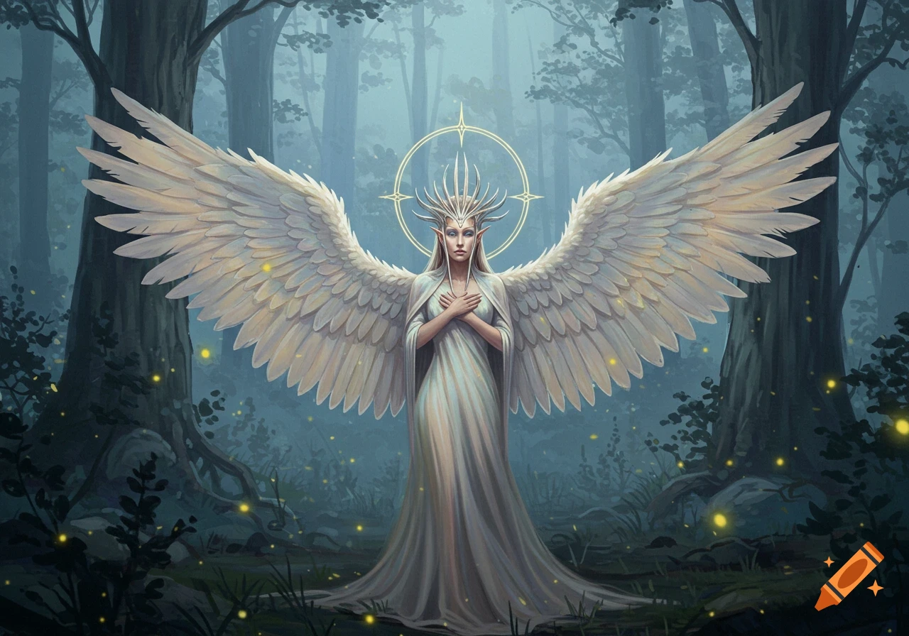 A serene winged figure in a white dress stands with spread wings and hands crossed, in a mystical forest with glowing fireflies.