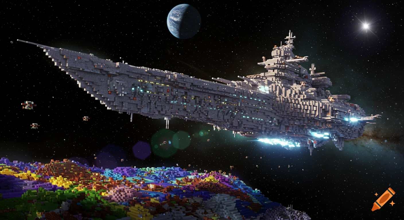 A blocky Minecraft-style battleship hovers over a colorful, pixelated planet in space with stars and a moon.