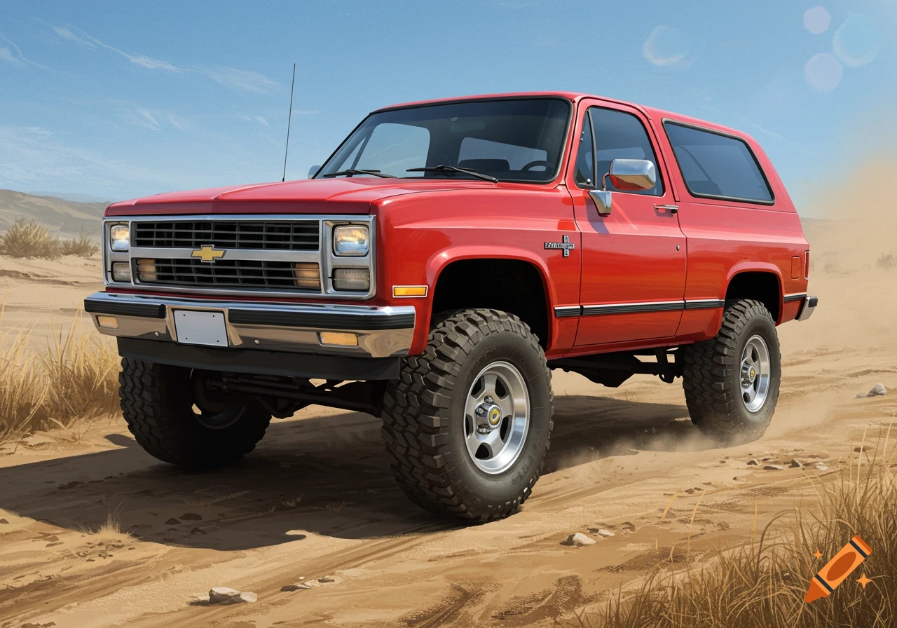 A photorealistic red 1992 Chevy Blazer K1500 truck with a lift kit drives on a dirt road in a desert landscape.