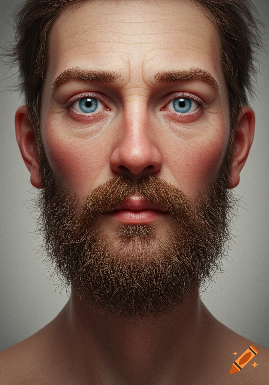 A close-up photorealistic portrait of a man with light blue eyes and a scruffy brown beard.