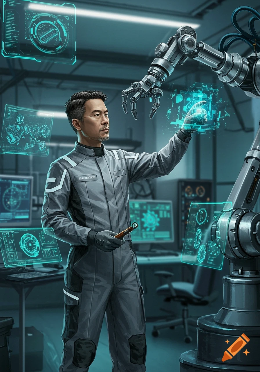 A male mechanical engineer in a futuristic lab interacts with a holographic interface while a robotic arm is overhead.