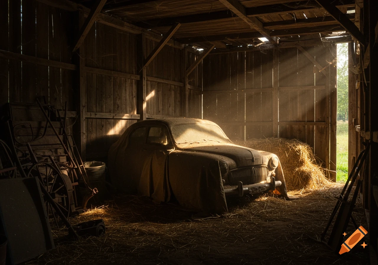 A dusty vintage car covered by a tarp in a rustic wooden barn, illuminated by sunbeams.