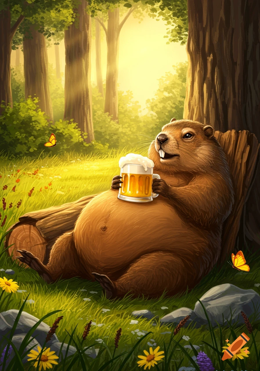 A cartoon beaver with a large belly relaxes in a sunlit forest, holding a mug of foamy beer.