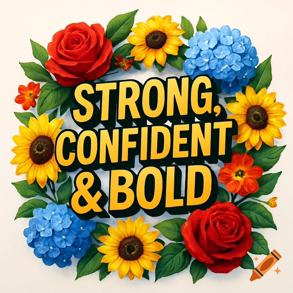Yellow text "STRONG, CONFIDENT, & BOLD" within a wreath of red roses, yellow sunflowers, and blue hydrangeas.