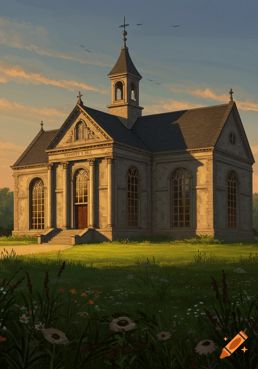 A grand stone hall with a central tower and columns, surrounded by green grass and wildflowers under a sunset sky, in a digital painting style.