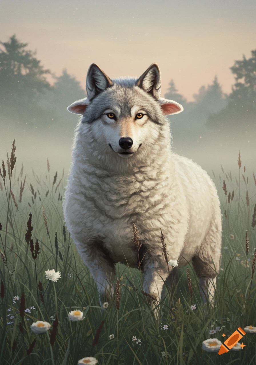 A creature with a gray wolf's head and a fluffy white sheep's body stands in a misty green field with tall grass and wildflowers at dawn.