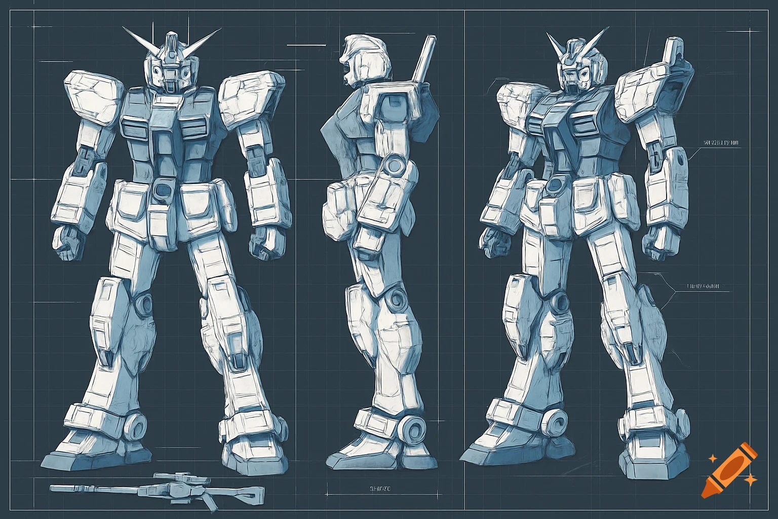 Blueprint style drawing of a Gundam robot from three different angles, with a rifle at the bottom.