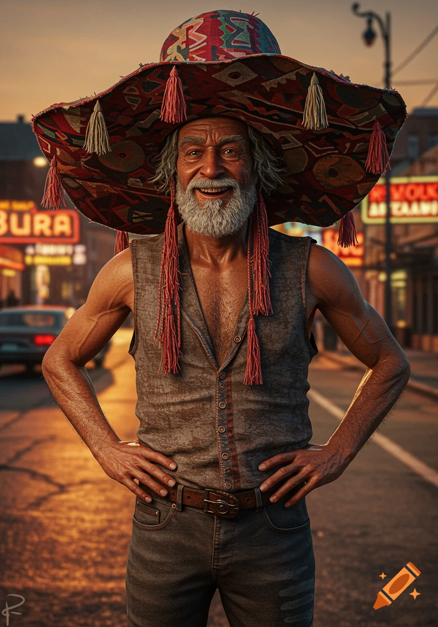A smiling old man with a long white beard and a large, colorful, patterned hat stands on a street at sunset.