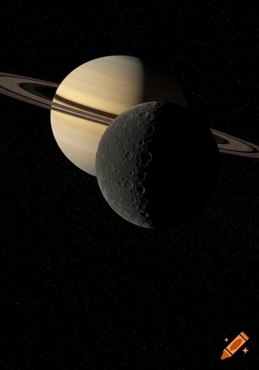 A dark, cratered moon partially eclipsing Saturn and its rings against a starry black sky.