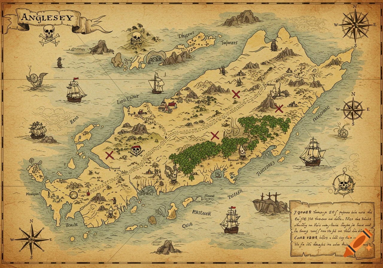 A detailed vintage-style pirate treasure map of Anglesey island with ships, compass roses, skulls, trees, and 'X' marks the spot.