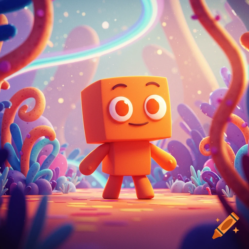 An orange cube-shaped cartoon character with large eyes and a smile stands in a vibrant, colorful fantasy landscape with whimsical plants.