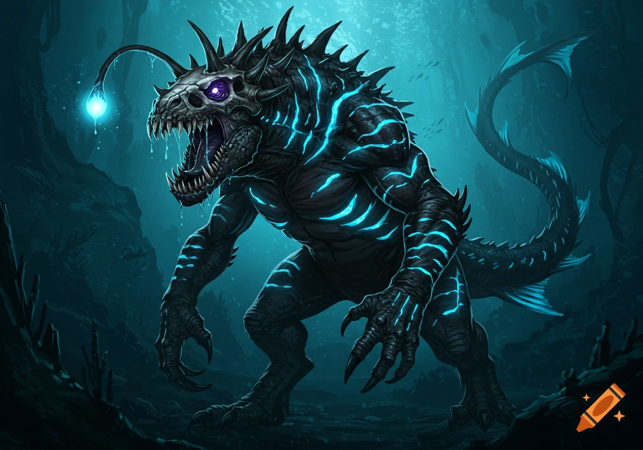 A dark, spiky monster with glowing blue stripes, a skull-like head, violet eyes, and an anglerfish lure, stands in a dark underwater cave.