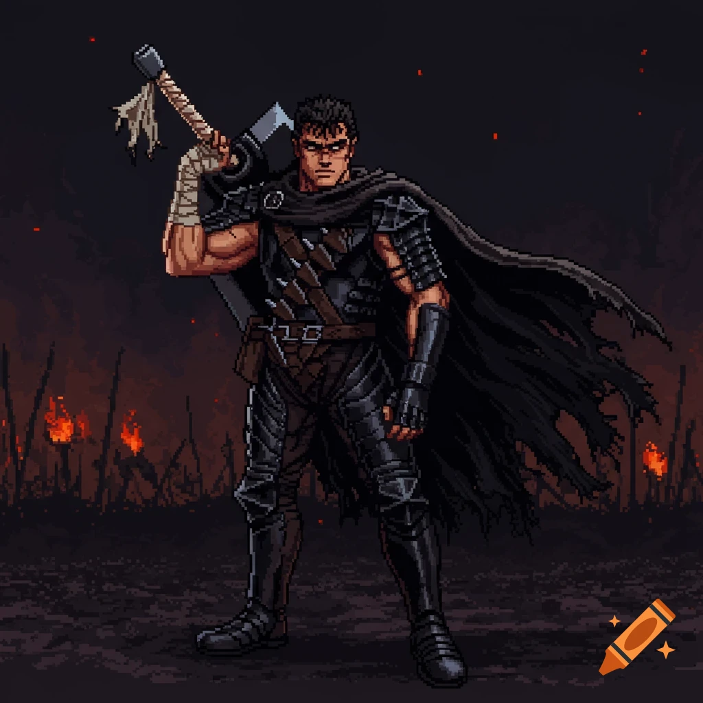 Guts from Berserk depicted in 16-bit pixel art, holding a large sword on his shoulder, against a dark, fiery background.