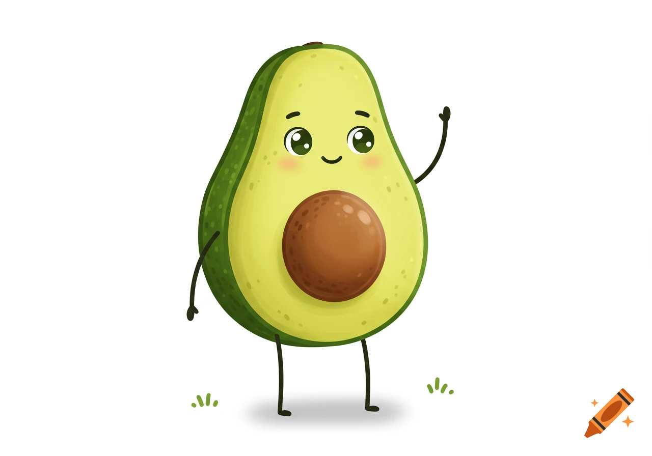 A friendly cartoon avocado character with a face and stick limbs waves on a white background.