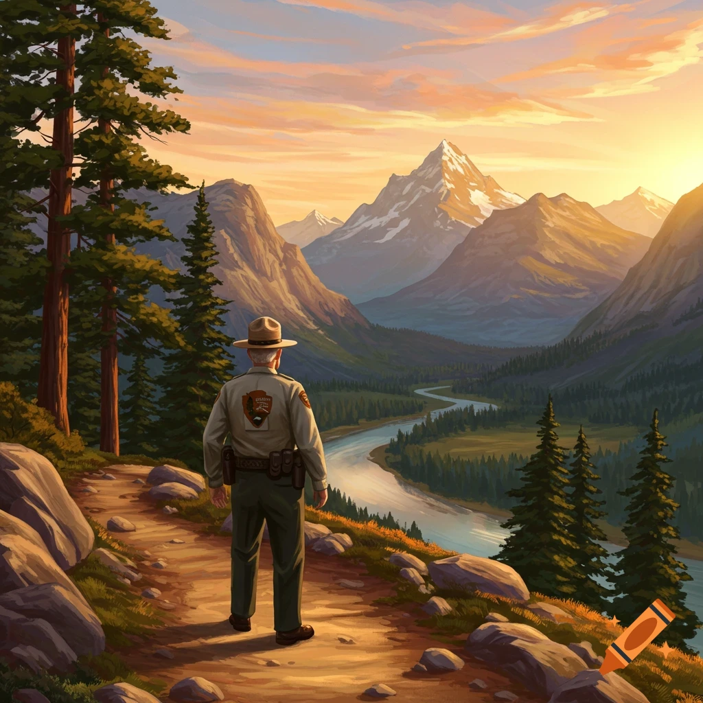 A park ranger stands on a mountain path overlooking a vast valley with a winding river, forest, and snow-capped mountains at sunset.
