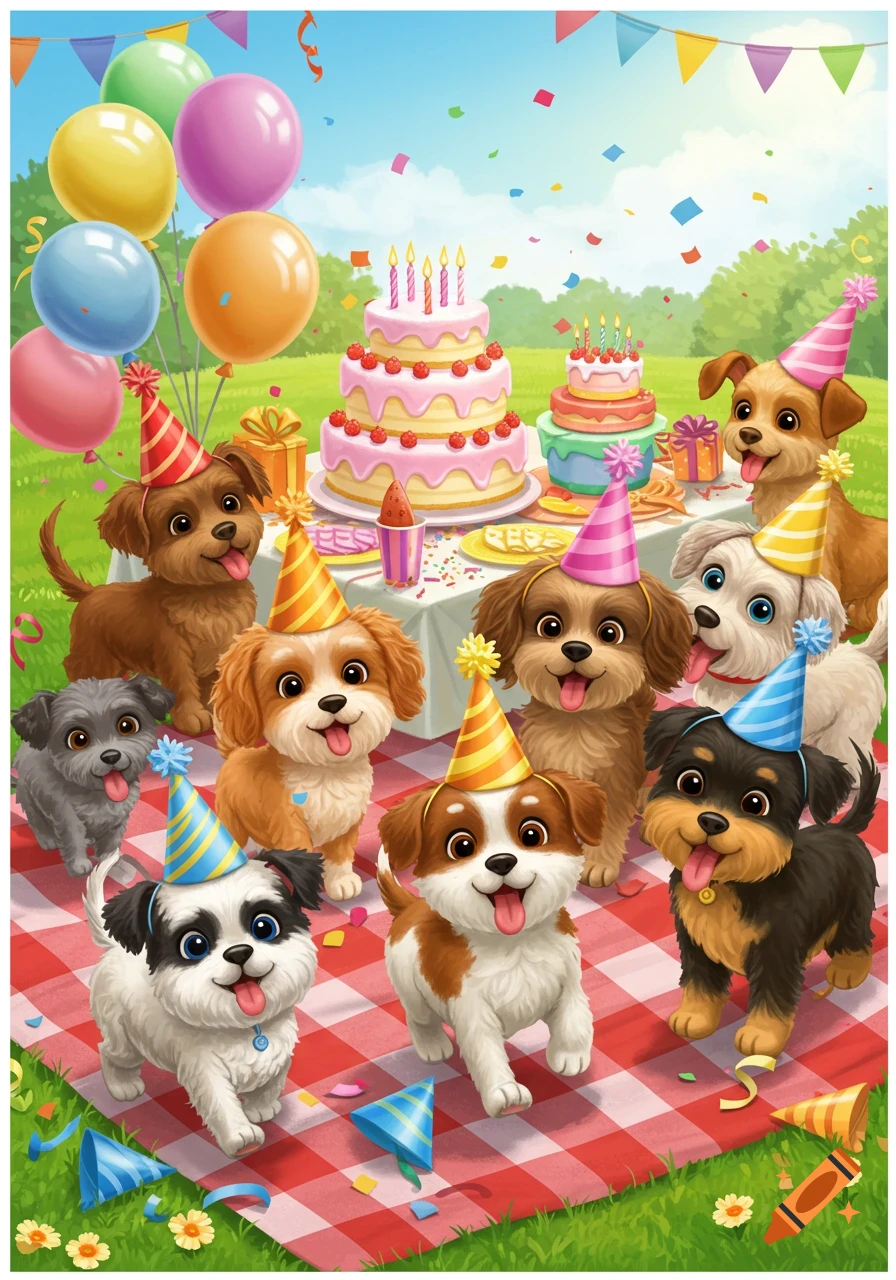 Cute cartoon puppies wearing party hats celebrating at an outdoor birthday party with cakes, balloons, and confetti.