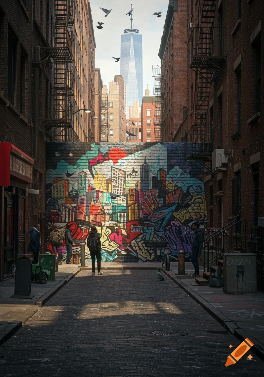 A narrow New York City alley with a large, colorful abstract mural on a brick wall, people, fire escapes, and the One World Trade Center in the distance.