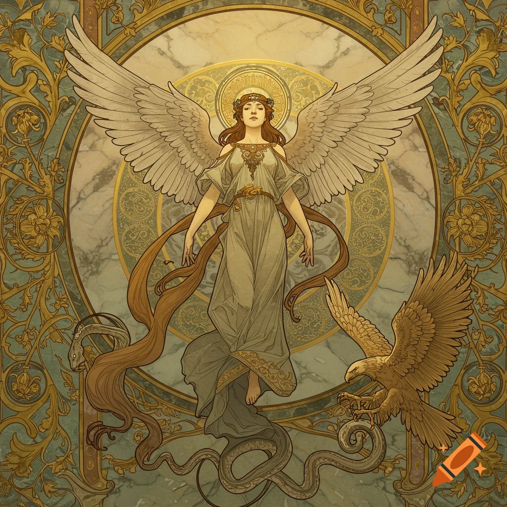 A winged female angel floats against an ornate marble and gold Art Nouveau background, with an eagle attacking a snake below.