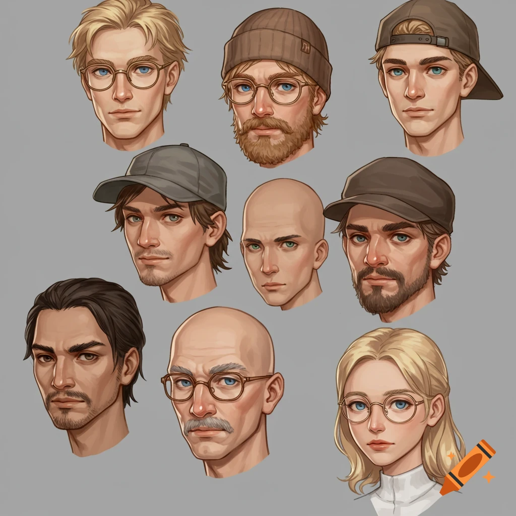 A grid of nine stylized character portraits showing diverse male and female faces with varying hair, facial hair, glasses, and hats.