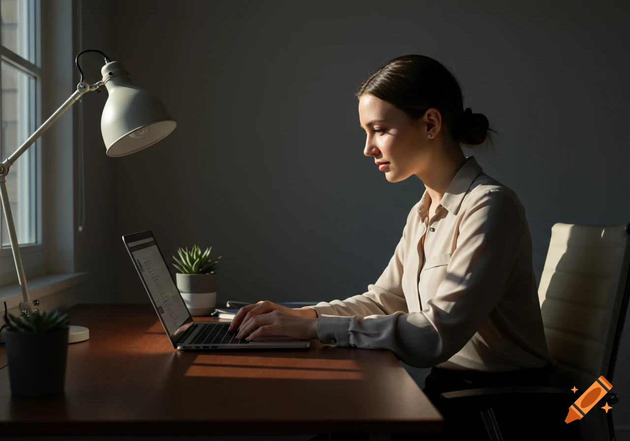 A woman works on a laptop at a desk, illuminated by sunlight from a window.