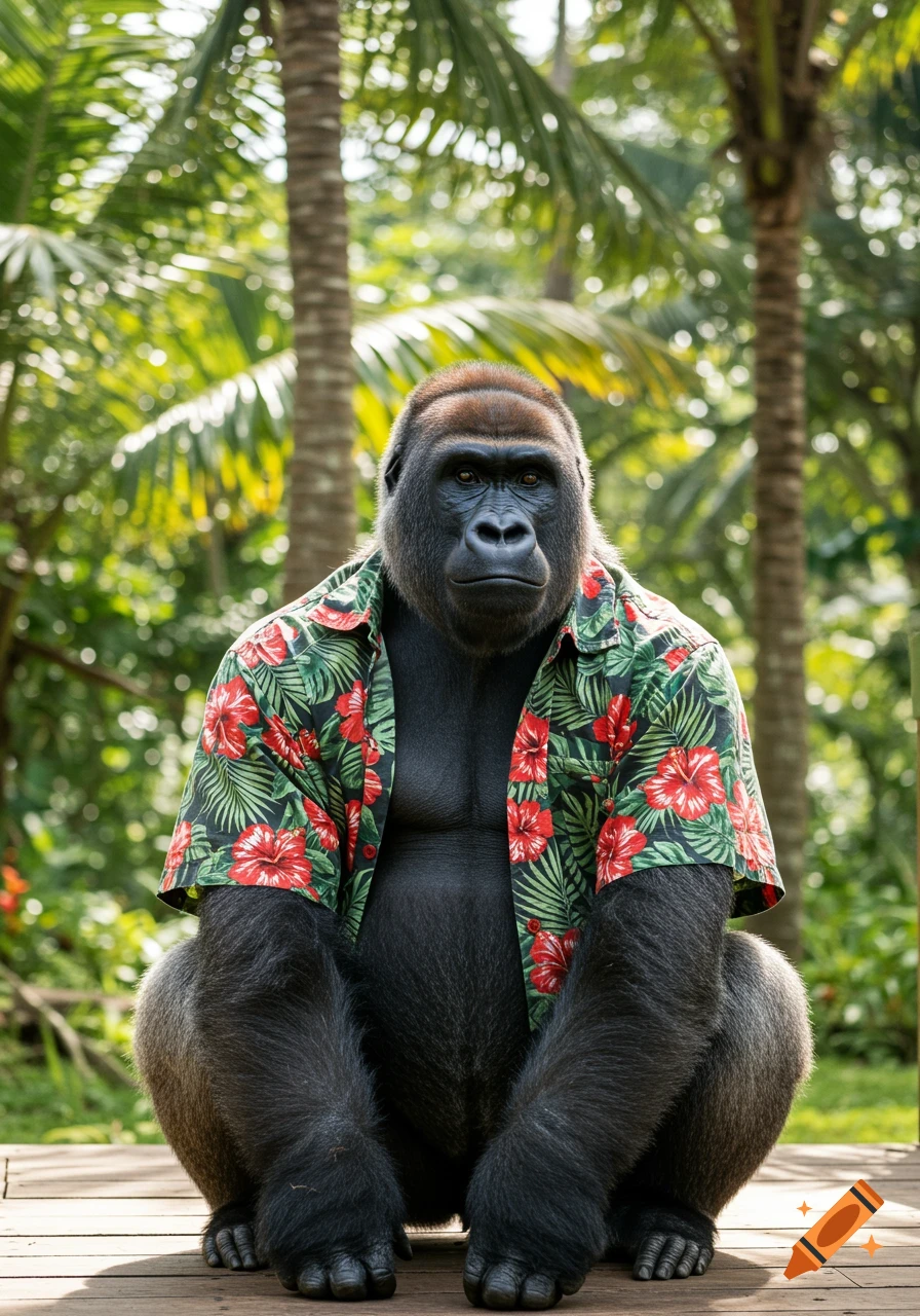 A photorealistic gorilla wearing a colorful Hawaiian shirt sits on a wooden deck in a lush tropical jungle.