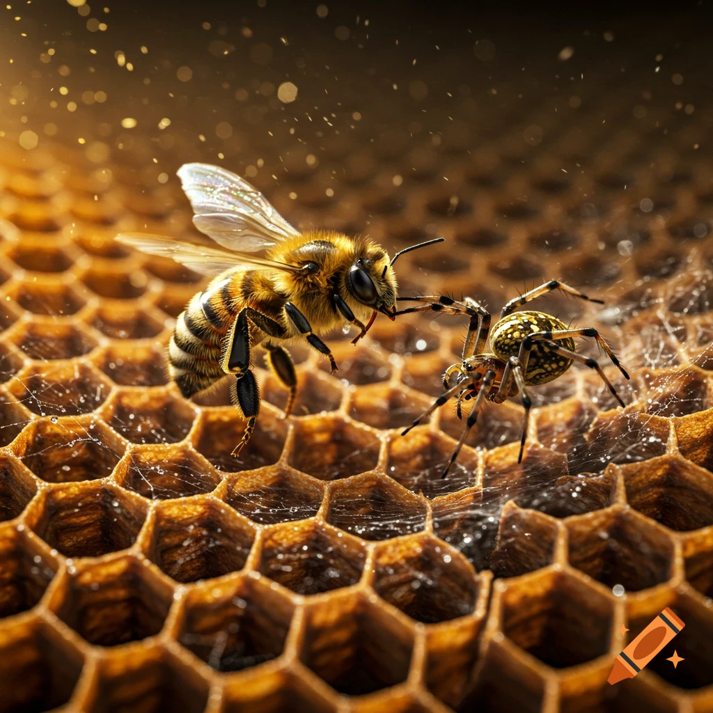 Photorealistic close-up of a bee and spider on a golden honeycomb, with shimmering light and water droplets.