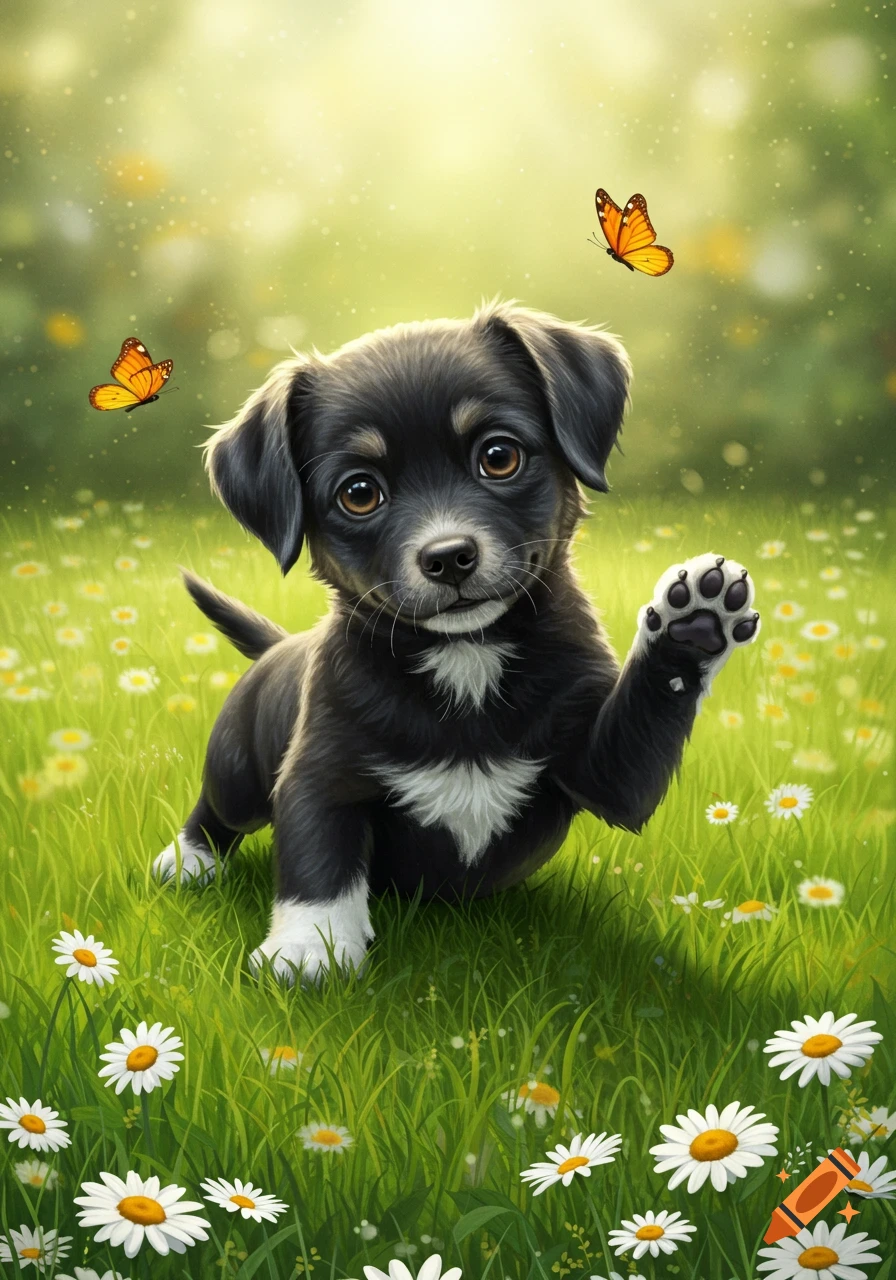 A cute black and white puppy with an outstretched paw sits in a field of green grass and white daisies with two butterflies flying around.