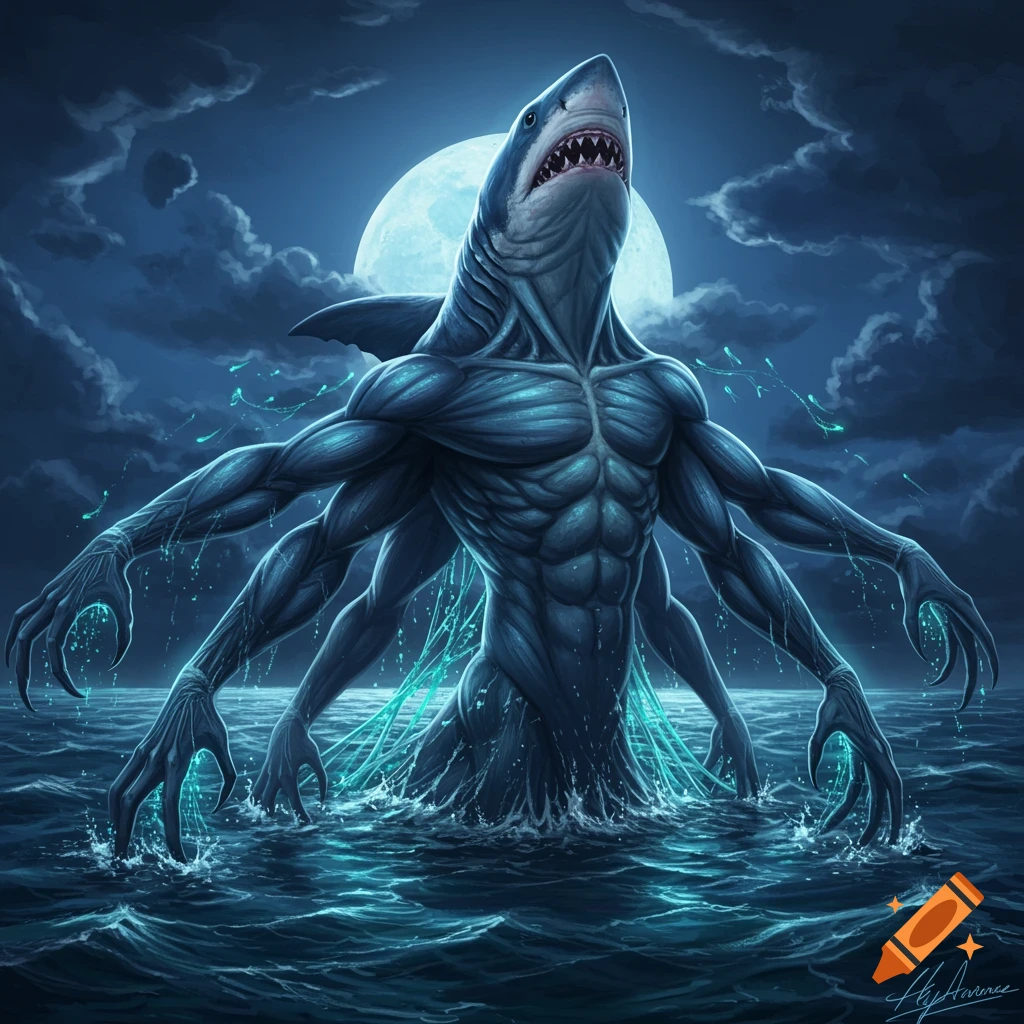 A muscular shark-headed creature with many arms rises from a dark, choppy ocean under a full moon and cloudy night sky.