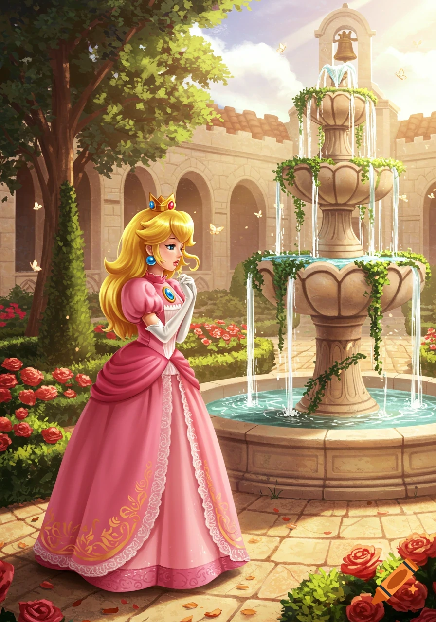 Princess Peach stands in a vibrant garden with a large stone fountain and castle arches, looking pensive.