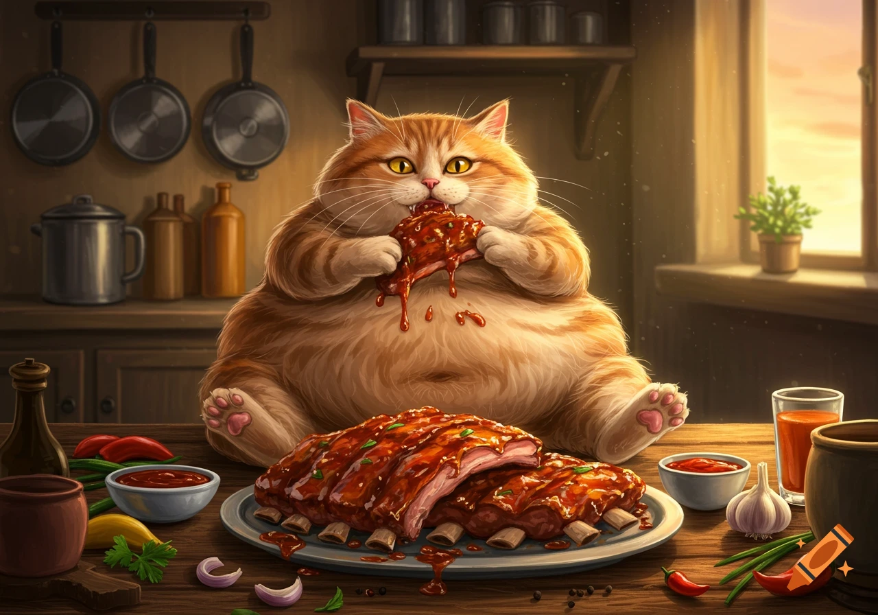 A very fat orange tabby cat messily eats a BBQ rib in a kitchen, with a large platter of ribs on the table.