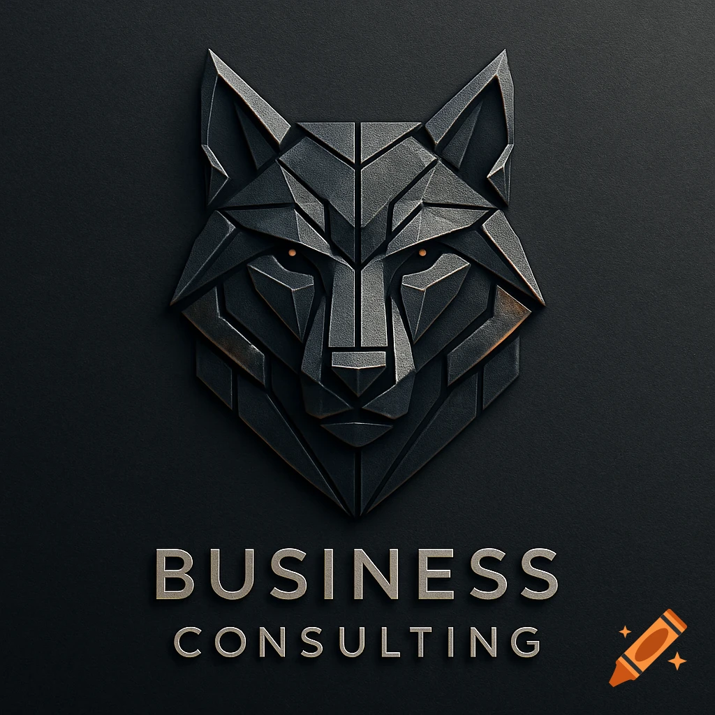 Geometric wolf head logo in dark metal tones with orange eyes, above the words 'BUSINESS CONSULTING'.