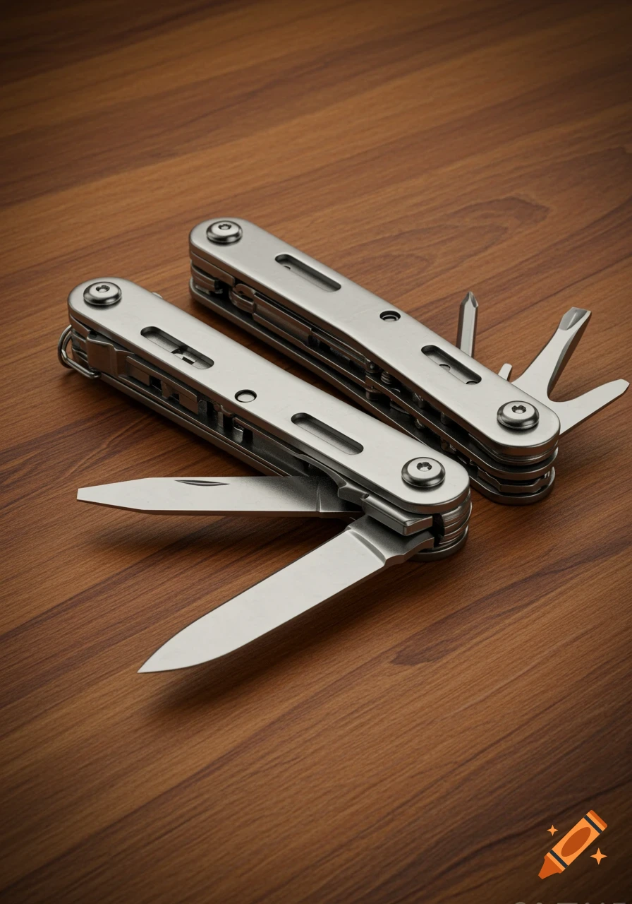 Two shiny silver multitools on a wooden surface, one with a blade partially open.