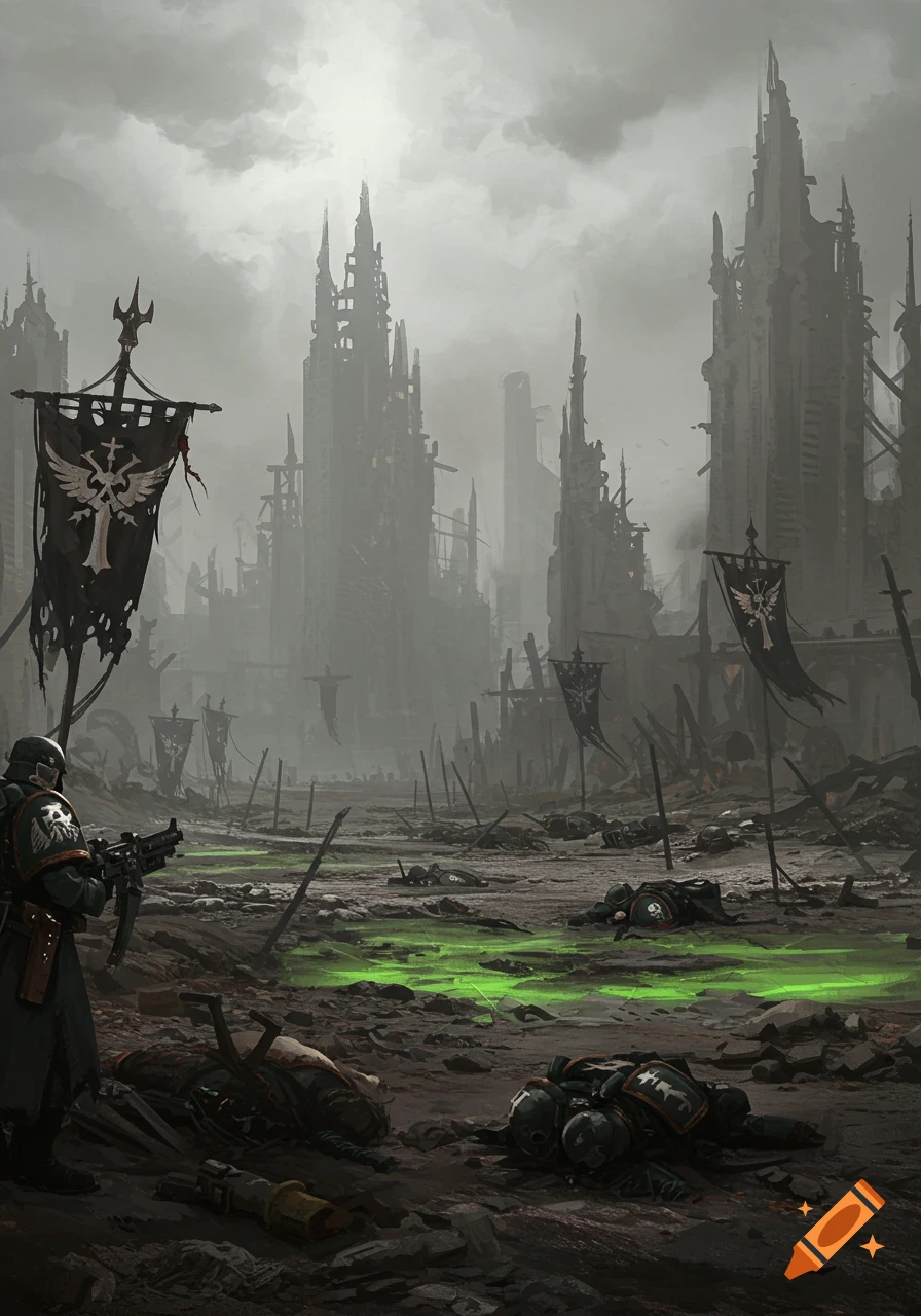 A lone soldier with a rifle stands in a ruined, ash-covered city, with dead bodies and green puddles on the ground under a grim, cloudy sky.