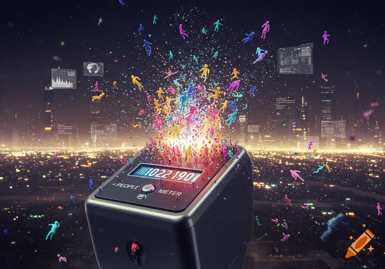 A black digital people meter explodes with colorful stylized human figures over a bright city at night.