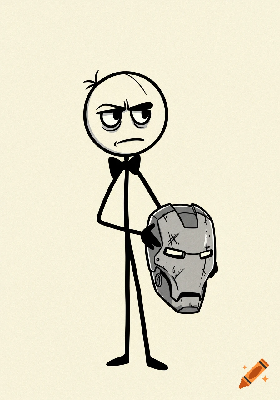 A hand-drawn stick figure wearing a bow tie with a deadpan expression holds a scratched Iron Man mask.
