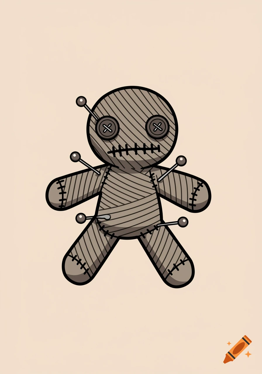 A cartoon voodoo doll made of yarn with buttons for eyes and pins sticking out of its body.