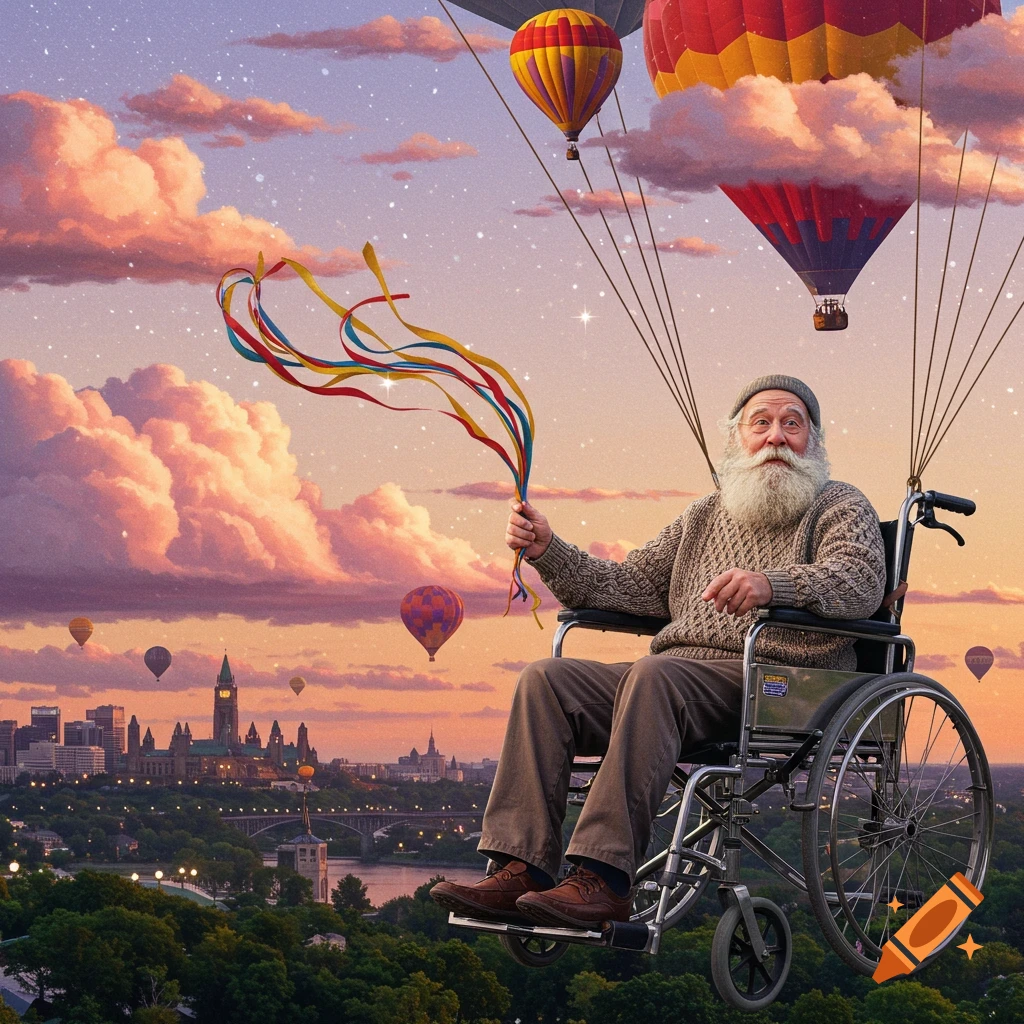An elderly man with a long white beard in a wheelchair flies above a city at sunset, holding ribbons, with hot air balloons in the starry sky.